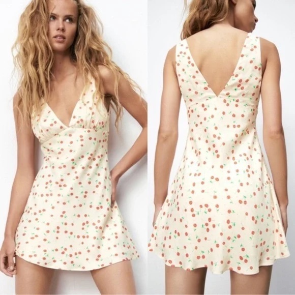 ZARA Cherry Print Satin Mini Dress Size L | V-Neck A-Line Side Zip - Picture 1 of 5